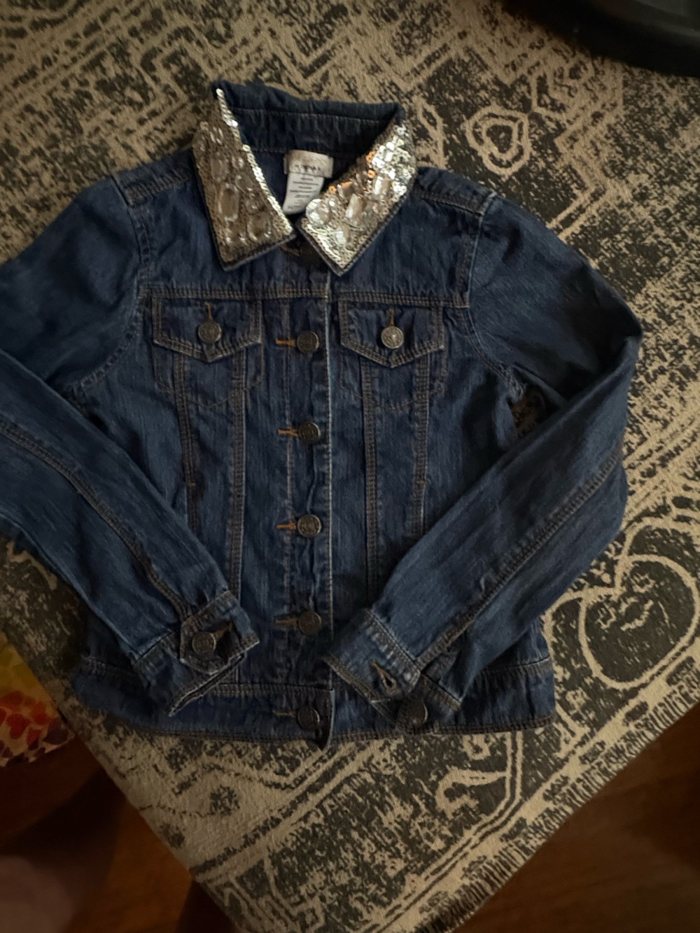 Girls' Dark Blue Denim Jacket with Silver Sequin Collar